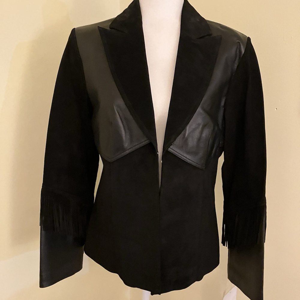 Fabulous Pamela McCoy Black Leather And Suede Jacket With Fringe Size Medium NWT
